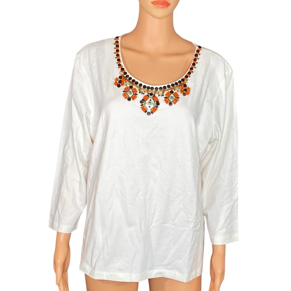 Ruby Rd. Boho Revival Blouse Modern Bohemian Peasant Beaded Neckline Size XL